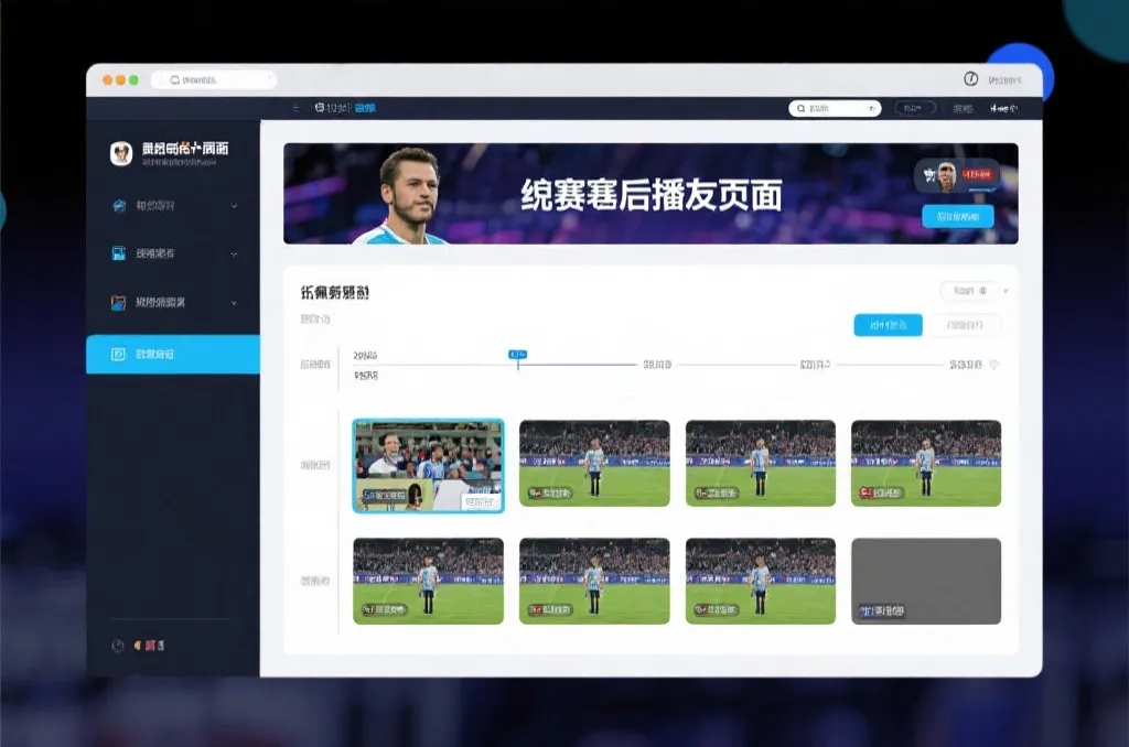 比赛结束后，电视屏幕展示集锦回放页面，旁边有时间轴和多角度切换提示